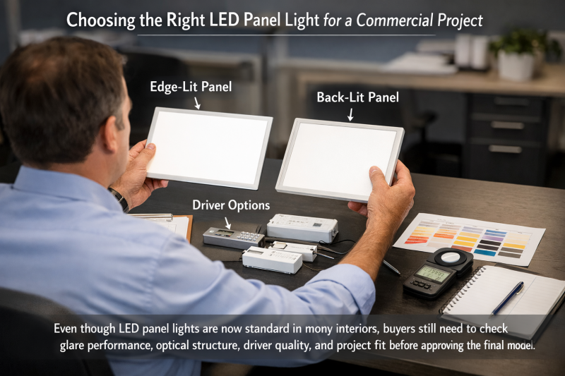 Commercial lighting buyer reviewing LED panel light samples, driver options, and edge-lit versus back-lit specifications for an office project